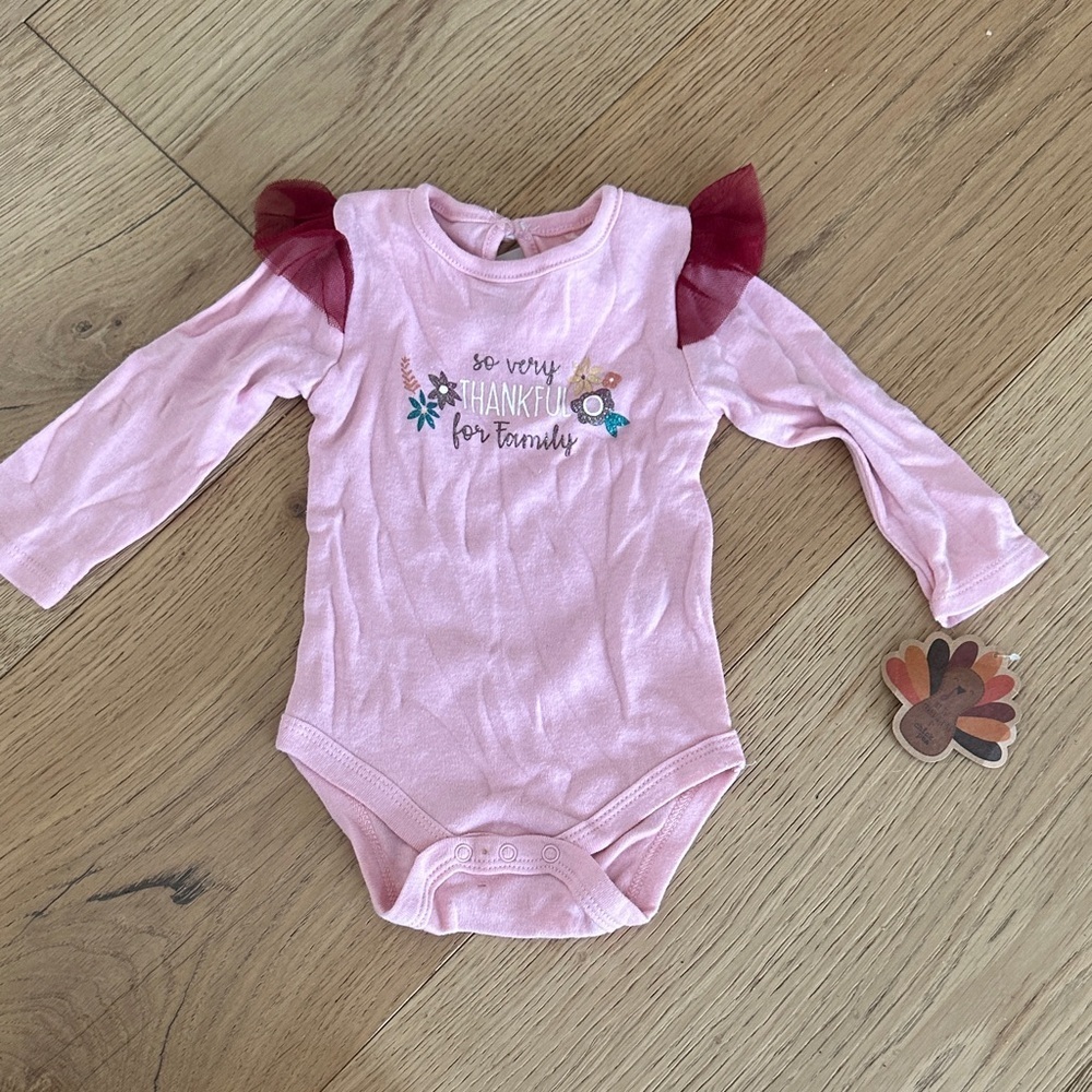 Chick Pea Pink Long Sleeve Bodysuit with Ruffle Sleeves so very thankful